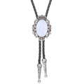 Detailed view of silver crown bolo tie with white crackle stone and braided leather cord - White Crackle Stone