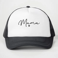 Close-up of black and white mesh trucker hat with Mama print and heart detail - One Size / Black and White Patchwork