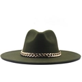 Detailed view of dark green wool fedora hat featuring a chunky gold metal chain band - M(56-58cm) / Metal Chain Style / Army Green