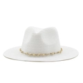 Detail of white woven straw fedora featuring hemp rope band and natural wood bead accents - 56-58cm / White