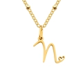Gold plated stainless steel necklace featuring cursive letter N pendant with tiny red heart - Letter N / Gold