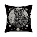 Halloween pillow cover with black and white wolf nature silhouette in linen texture - Wolf Spirit and Starry Landscape