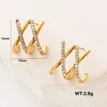 Polished gold-plated 304 stainless steel earrings with sparkling zircon X design - Amleh013