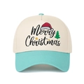 Detail of Merry Christmas embroidery with festive icons on a two-tone baseball cap - Adjustable / Beige/Lake Blue