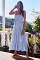 Detail of blue gingham smocked bodice and tie-straps on a summer long dress - Light Blue