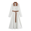 Detail view of white corduroy dress with brown lapels, gold buttons and matching waist belt - XS / White and Brown