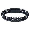 Detail of men's double-layer leather rope bracelet with matte beads and magnetic clasp - 19cm / Matte Black and Hematite (Style-4)
