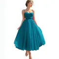 Lake blue spaghetti strap tulle dress with heart neckline and A-line long skirt - US size 2 (S) / Top And Bottom / Teal