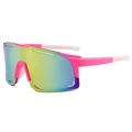 Pink cycling sunglasses with colorful mirrored lenses and wrap-around frame design - Pink Frame Red Lens