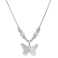 Silver butterfly necklace with delicate cut-out pendant and symmetrical pearl accents - Pearl Butterfly Silver Chips Necklace (LI527)