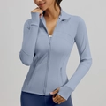 Slim fit light blue athletic zipper jacket with thumbholes and breathable fabric - S / Grayish Blue
