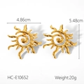 Detail view of 18K gold stainless steel sunburst earrings with size and weight specs - Golden Sun Spiral Style (HC-E10652)