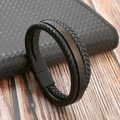 Detail of multi-layer braided black leather bracelet with matte magnetic clasp - Black & Matte Black