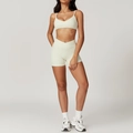 Eco-friendly quick-dry ivory white yoga set with V-neck bra and crossover waist shorts - S / Top And Bottom / Bra + Shorts / Cream Apricot