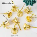 Set of 9 gold Christmas bells with bows and twist ties, size 3.1x2.1cm for gift decor - Large Bells 9 Pcs