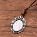 Antique silver oval pendant tray with brown PU cord for DIY jewelry making - Bowknot Beaded Oval Style