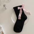 Black knee-high socks with pink ribbon bows and delicate vertical knit texture - One Size / Black