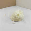 Beige fascinator hat with white mesh veil, faux pearls and feathers for vintage parties - One Size / Creamy White