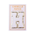 Detailed close-up of white chenille letter H patch with sparkling gold sequin border trim - Letter H / White