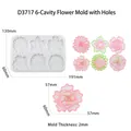 Vista macro del molde de silicona de 6 flores para resina con patrones florales y agujeros - D3717-Molde de flor de 6 cavidades con agujero