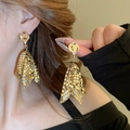 Close-up of elegant gold tassel earrings with textured sequins on model's ear - Golden Hammered Texture Sequin Dangle Style (16# Silver Earring Post - Gold)