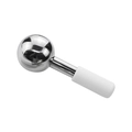 Polished stainless steel ice globe massager with a white ergonomic grip on white backdrop - White Handle (Black Velvet Bag Packaging)