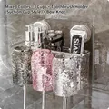 Wall-mounted multi-color 3-cup toothbrush holder set with suction cups and wave texture - 3 Cups (Clear & Pink & Grey) + Bowknot