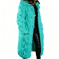 Close-up of turquoise cable knit texture and large buttons on long hooded cardigan - 3XL / Tops / Emerald Green