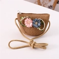Detail of straw woven kids crossbody bag with 3D floral accents and sturdy rope strap - Willow Leaf Flower Style / Khaki
