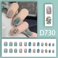 Short sparkling rhinestones press-on nails set in green and pink with star glitter - D730 Glue Style
