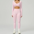 Ensemble de yoga sans couture rose et blanc avec haut à manches longues, brassière et legging - S / Long Sleeve+Leggings - Contrast Pink/White