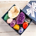 Chakra healing crystal gift set with amethyst, geode, and stones in blue box - Tumbled Stone and Amethyst Cluster Mini Gift Box