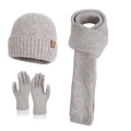 Three-piece grey winter knit set with thick fleece lining, scarf, and touchscreen gloves - 3-Piece Set (Hat+Scarf+Gloves) / Mixed Beige