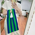 Minimalist knit tote bag with vertical blue and green stripes for fashion use - 25*50cm / Green Blue