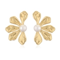 Detail of vintage French gold flower earrings with elegant white pearls on white background - 5-Petal Flower Pearl Style / Gold