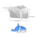 DIY silicone mold for 3D orca whale candles including dimensions and a blue finished sample - Killer Whale / White