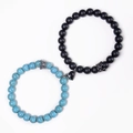Close-up of magnetic heart clasp connecting turquoise and matte black beaded bracelets - Turquoise And Matte Stone