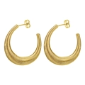 Vintage golden C-shaped stainless steel hoop earrings with textured spiral thread design - Spring No.6 Gold Color
