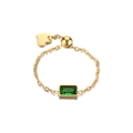 Adjustable 18K gold plated chain ring featuring a rectangular green zircon and heart charm - Green Zircon