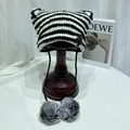 Cute black and white striped knit cat ear hat with stars and grey faux fur pom-poms - M (56-58cm) / Black & White