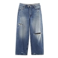 Women's wide leg straight fit distressed jeans with fold-over waist in medium blue wash - XS / Sea Blue Distressed