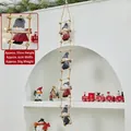 Christmas gnome hanging ladder decor with five red and grey knit gnomes on a rope ladder - Climbing Santa Clause