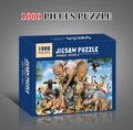 1000-piece animal world jigsaw puzzle box showing elephants, giraffes and zebras - Elephant