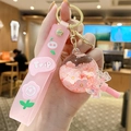 Pink bubble tea bear keychain with silicone trip strap and floral sequins in liquid - Pink Flower - Lollipop
