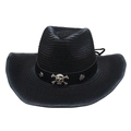 Detail van zwarte strooien cowboyhoed met zilveren doodskop op de lederen band - Gradiënt strooien hoed / Zwart met winddicht touw (Witte schedel)