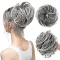 Messy hair bun scrunchie synthetic extension in silver grey with highlights style - Silver Grey