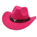 Detail of rose red felt cowboy hat with two-tone band and silver metal bull head ornament - Rose Red (Cowboy Bull Head)