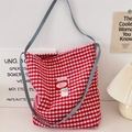 Rote und weiße karierte Canvas-Einkaufstasche mit hellblauem Schultergurt und Logo - Große Schulter Tote Bag / 37cmx28cm