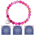 Pink natural stone beaded bracelet with silver heart charm and three sentiment cards - Rose Red Striped Agate Bracelet