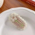 Handmade knitted BB hair clip featuring a white crochet flower and soft pink yarn design - 6-Coffee Flower